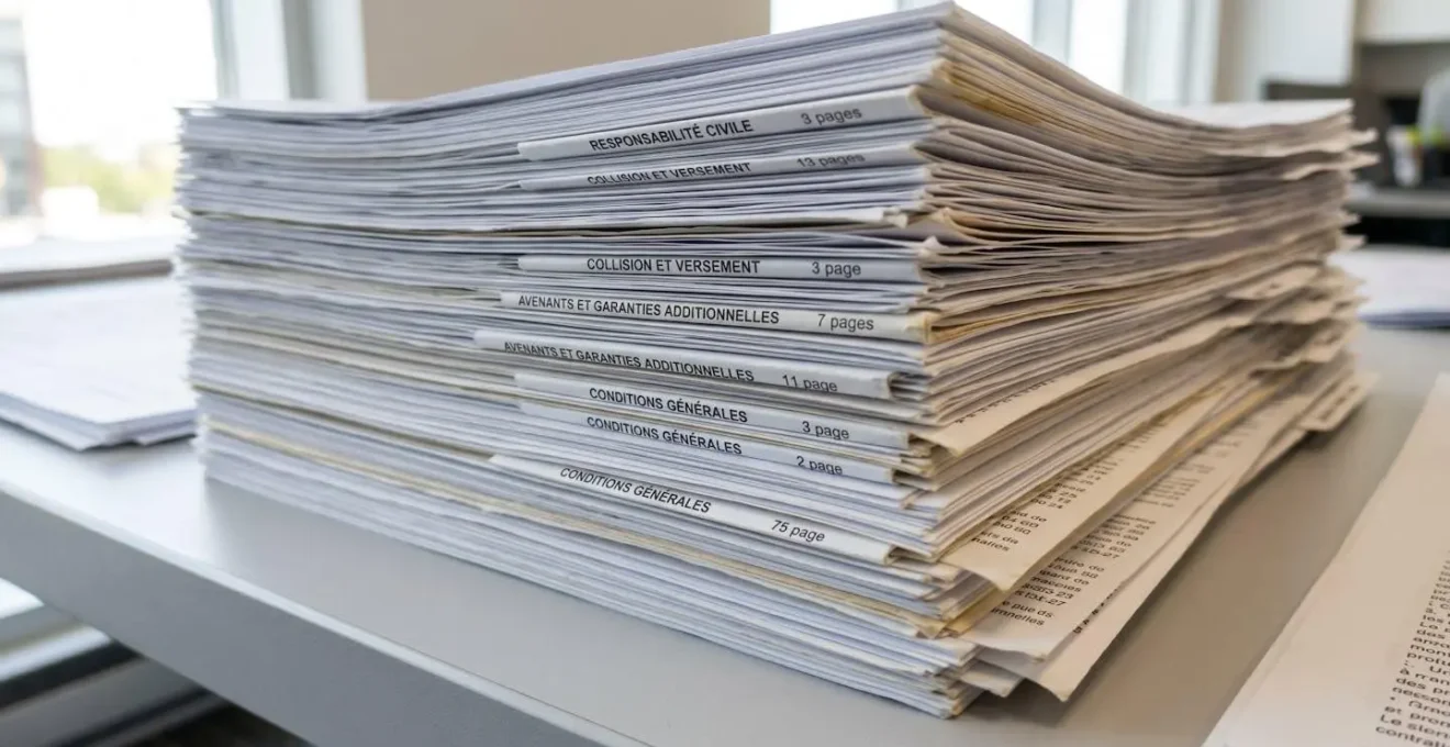 Gros plan macro sur des documents de contrat d'assurance automobile empilés, montrant les différentes sections de garanties superposées avec détails de texte imprimé flou.