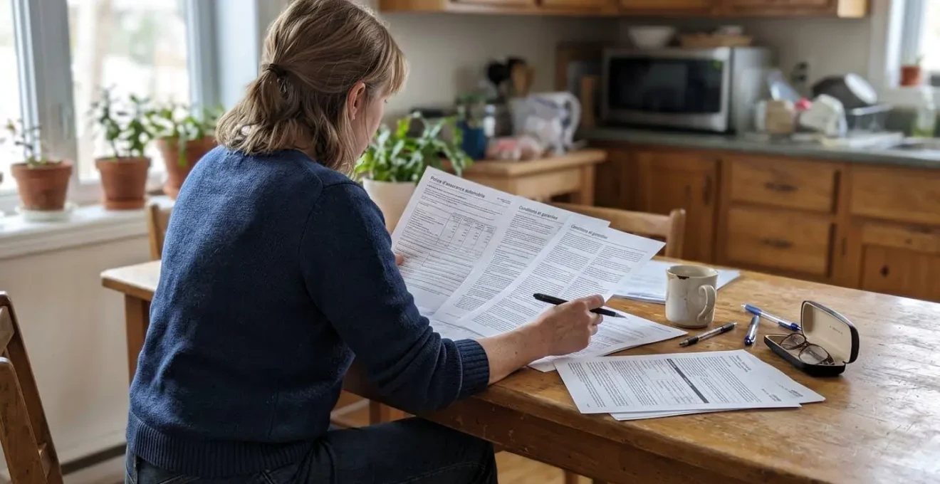 Une personne vue de dos examine des documents d'assurance automobile étalés sur une table de cuisine, dans un environnement résidentiel contemporain au Québec avec lumière naturelle.