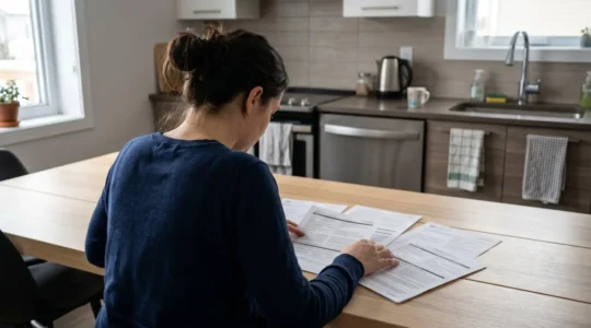 Une personne vue de dos examine des documents d'assurance automobile étalés sur une table de cuisine, dans un environnement résidentiel contemporain au Québec avec lumière naturelle.