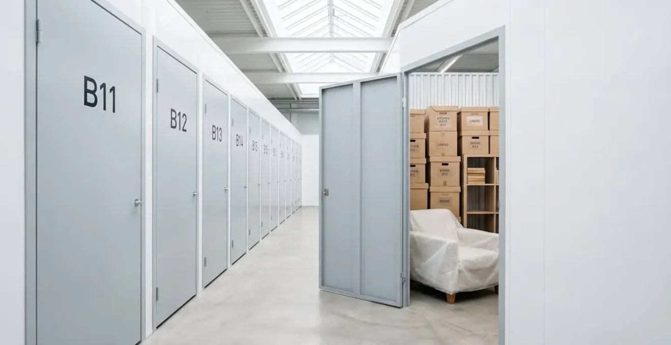 Couloir de centre de self-stockage moderne avec box métalliques numérotés, une porte entrouverte révèle un intérieur parfaitement organisé avec cartons et meubles protégés.