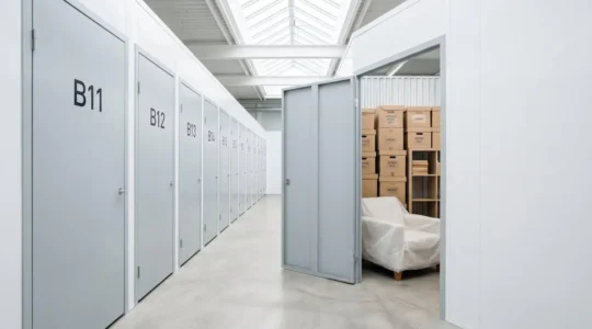 Couloir de centre de self-stockage moderne avec box métalliques numérotés, une porte entrouverte révèle un intérieur parfaitement organisé avec cartons et meubles protégés.
