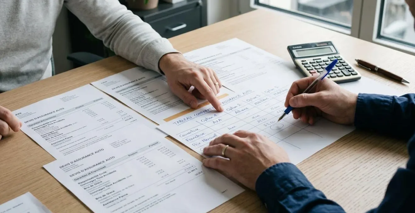 Gros plan sur une table de bureau avec documents d'assurance VUL étalés, deux paires de mains pointant et annotant des tableaux de garanties, calculatrice et stylo visibles, lumière naturelle douce