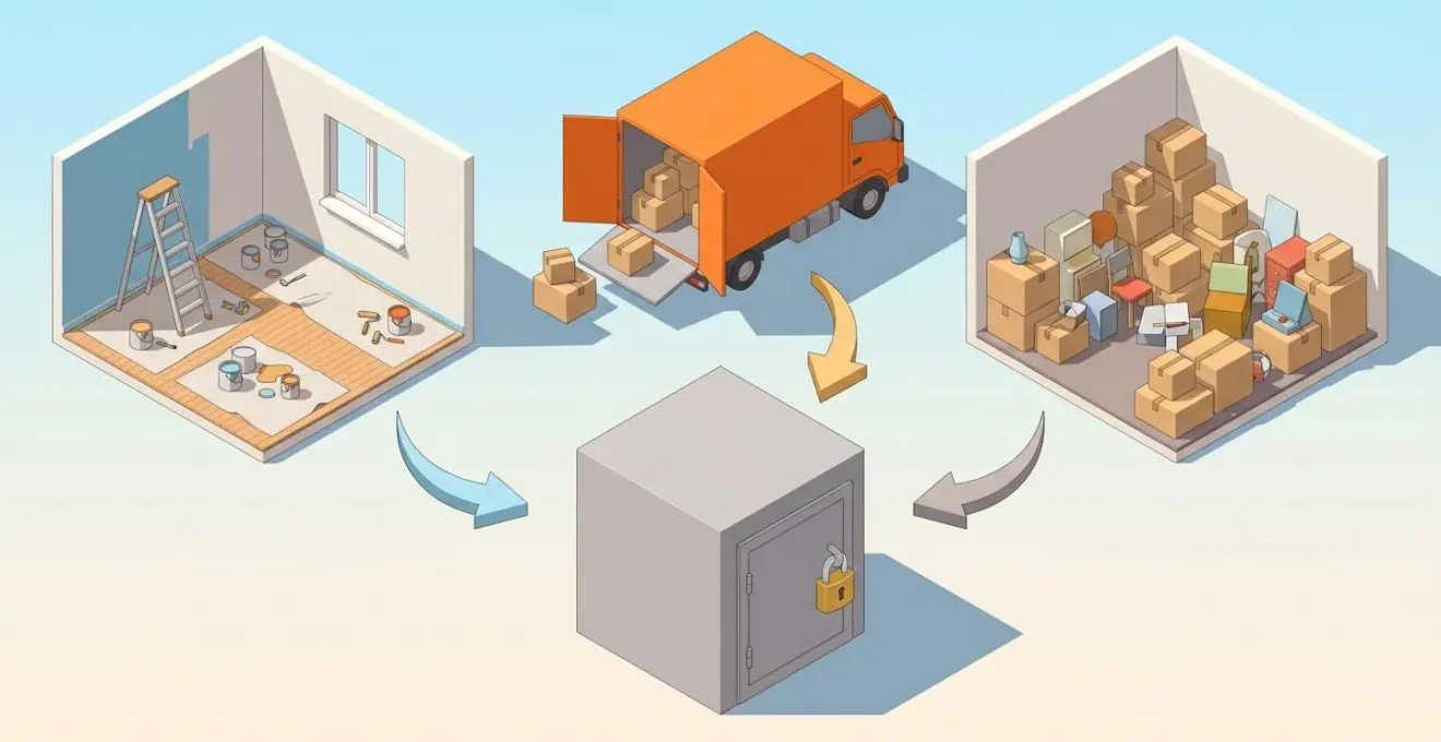 Illustration isométrique montrant trois situations nécessitant un garde-meuble : rénovation d'appartement, déménagement avec camion, et pièce encombrée, toutes reliées à un box de stockage central.