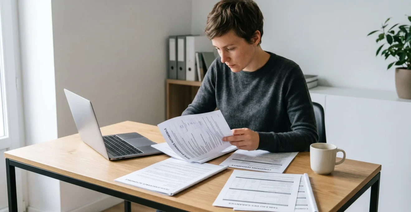 Professionnel indépendant assis à un bureau épuré, consultant des devis d'assurance automobile et conditions générales étalés devant un ordinateur portable ouvert, tasse de café à proximité, lumière naturelle douce